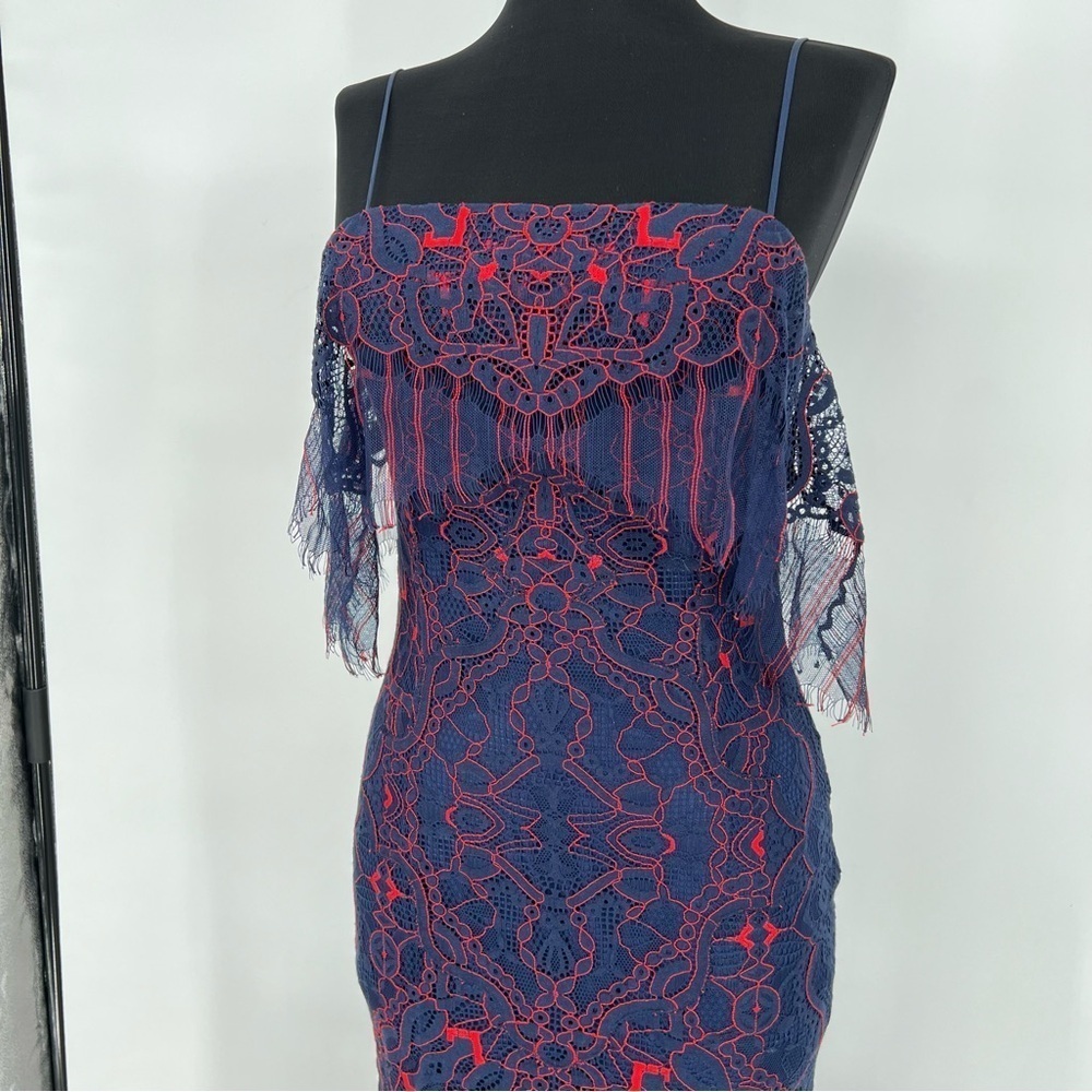 JONATHAN SIMKHAI Midnight & Red Lace‎ Overlay Illusion Midi Dress - Picture 4 of 16